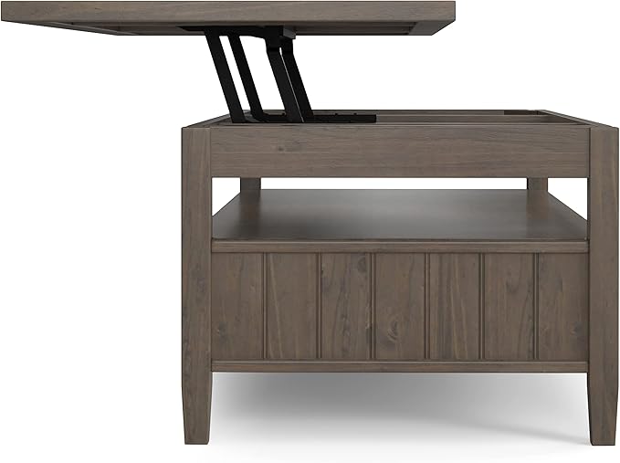 SIMPLIHOME Lev Lift Top Coffee Table - 48 inch Wide Solid Wood Rectangle Living Room Table in Smoky Brown, Transitional Cocktail Table for Family Room with Hidden Storage and Open Shelf