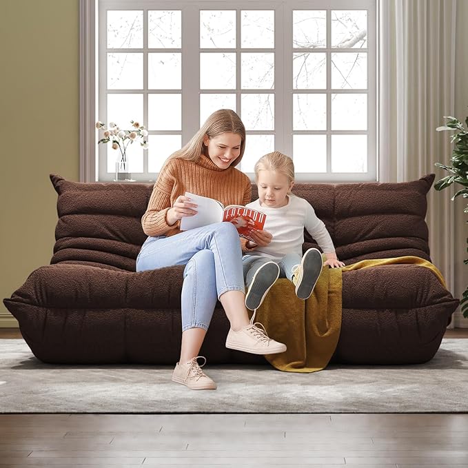 Bean Bag Chairs for Adults, BeanBag Reading Chair Memory Foam Couch 3-Seater, Floor Chair Soft Teddy Material, Comfy Reading Nook Chairs for Bedroom Living Room Office (Brown)