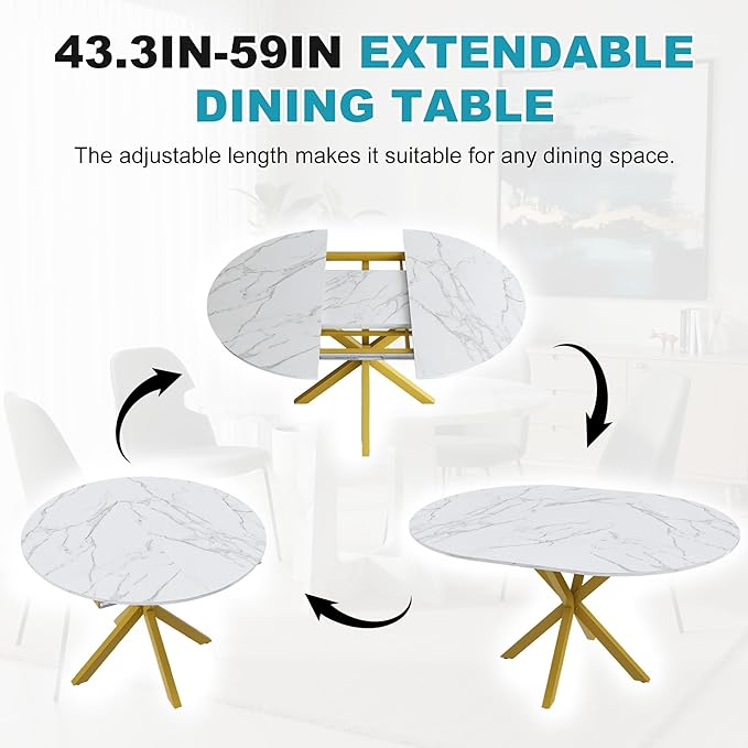 43"- 59" Extendable Dining Table for 4-6, Retractable Round Dinner Table Marble Oval Kitchen Tables Modern Steel Base Dining Room Tables for Small Space, Kitchen, Living Room, White & Gold