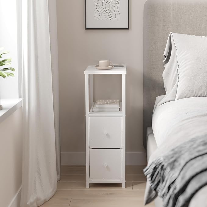 TUTOTAK Small Narrow End Table, Set of 2, Side Table, Nightstand with 2 Cloth Drawers, Couch Table, for Living Room, Bedroom, Bedside, White TB01BW054
