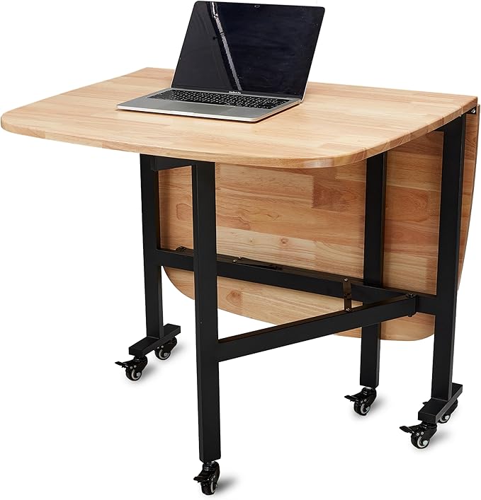 Multifunction Table Drop Leaf Dining Table - 47" Solid Wooden Foldable Kitchen Table with 6 Wheels (Natural)