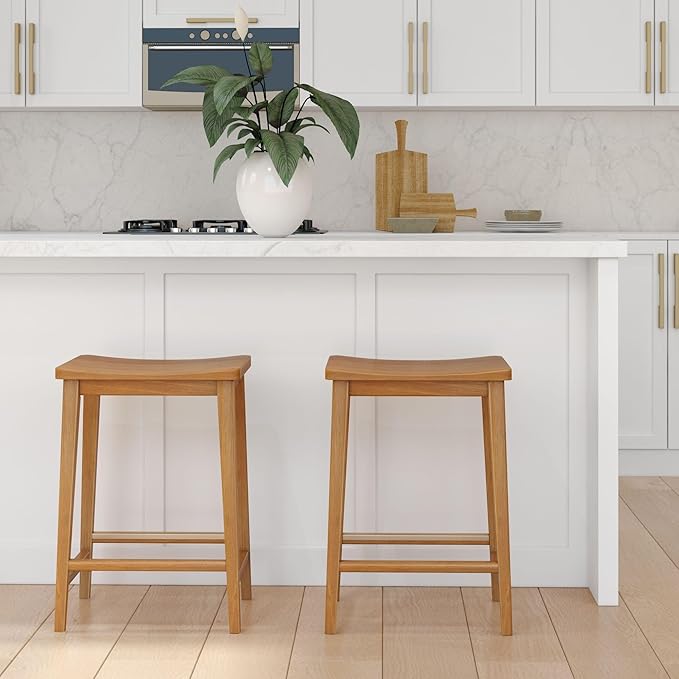 Plank+Beam Smythe Counter Stool, 24", Set of 4, Sturdy Wood Modern Kitchen Counter Height Stool, Saddle Seat Backless Counter Chair, Metal Footrest, Pecan