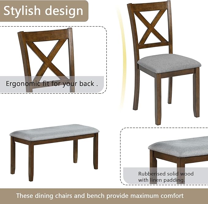 soges 6 Piece Kitchen Dining Set, Rectangular Wooden Dining Table with 4 Upholstered Chairs and a Bench, Dining Table Set for 6 People, Living Room, Home Bar and Kitchen, Walnut