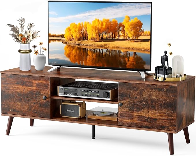 DUMOS TV Stand for 55 60 inch TV, Entertainment Center with Storage Cabinet, Mid Century Vintage Media Console Table, Adjustable Hinge, Wooden Television Furniture for Living Room, Office