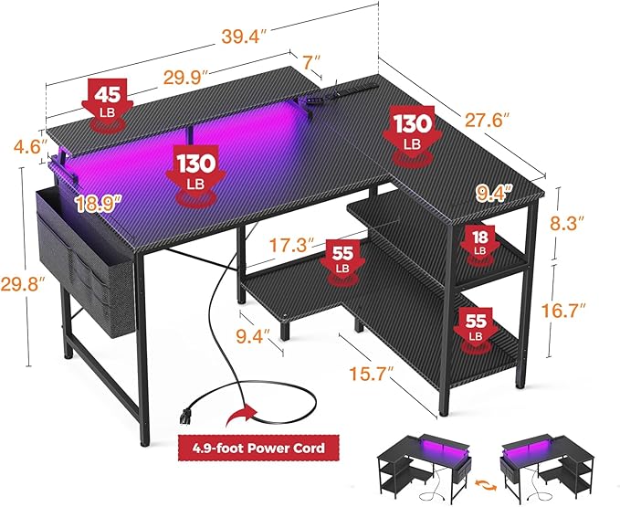 ODK 40 Inch Gaming Desk with USB Power Outlets and LED Lights, Reversible L Shaped Computer Desk with Storage Shelves & Monitor Stand, Corner Home Office Desk Table, Carbon Fiber Surface, Black