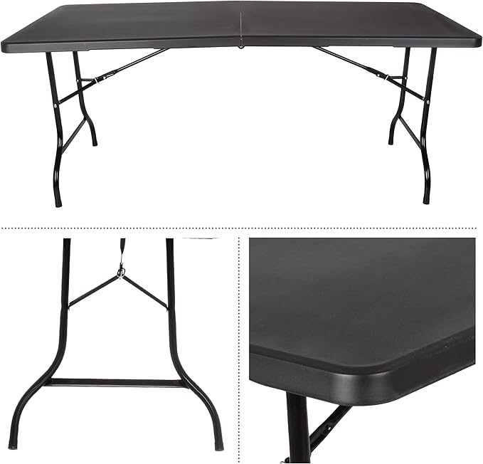 Everyday Home Folding Table - Lightweight Portable Folding Desk - 6-Foot-Long Plastic Table for Camping, Playing Cards, Parties, and Dining (Black)