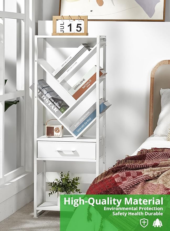 Bookshelf with Drawer,8 Tier Tree Bookcase Retro Floor Standing Bookshelves,Tall Wood Bookcases with Cabinet Storage Organizer for Living Room, Bedroom & Home Office, White