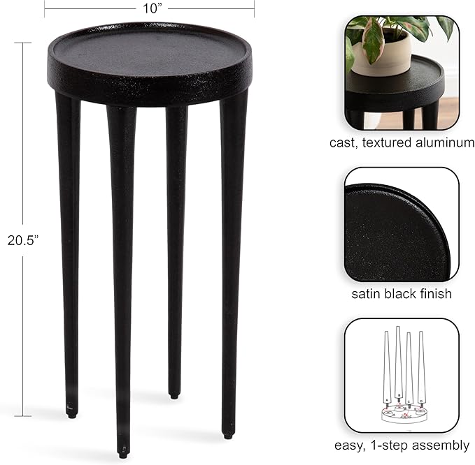 Kate and Laurel Rava Modern Metal Round Drink Table; 10 x 10 x 21; Black; Cast Aluminum Accent Table for Use as Indoor Plant Stand or Living Room Decor Piece