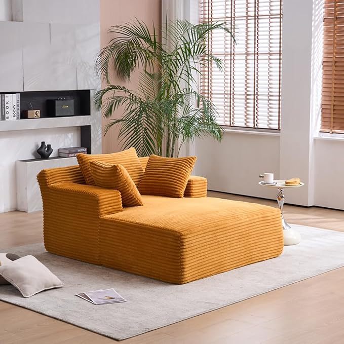 Oversized Chaise Daybed Lounge Sleeper Chair Sofa Bed Indoor, Fluffy Corduroy Upholstered Sleeper Recliner Sofabed Extra Wide Full Foam Cloud Sofabed W/3 Pillows for Home/Apartment Living Room Bedroom