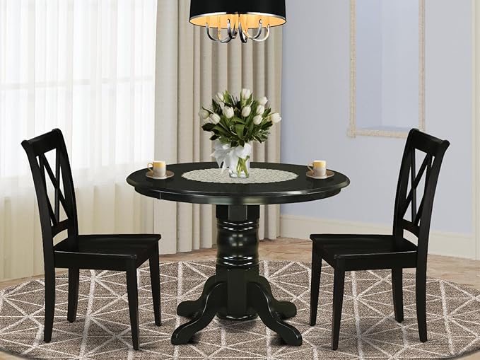East West Furniture SHCL3-BLK-W 3 Piece Dining Table Set for Small Spaces Contains a Round Kitchen Table with Pedestal and 2 Dining Room Chairs, 42x42 Inch, Black