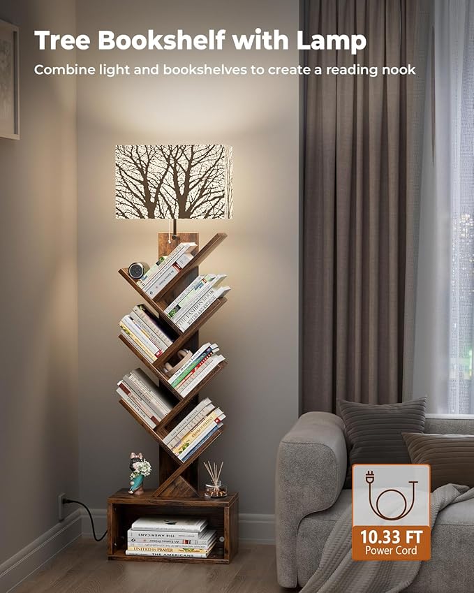 Tree Bookshelf with Light, 6 Tier Small Bookcase, Narrow Floor Standing Book Tower Organizer with Storage Cabinet for Living Room, Bedroom and Home Office, Rustic Brown