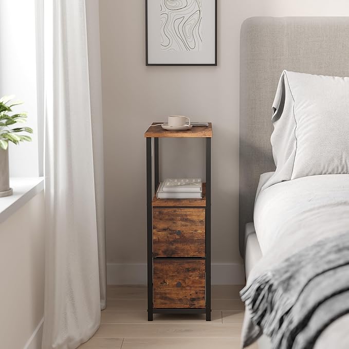 TUTOTAK Small Narrow End Table, Set of 2, Side Table, Nightstand with 2 Cloth Drawers, Couch Table, for Living Room, Bedroom, Bedside, Brown TB01BB054
