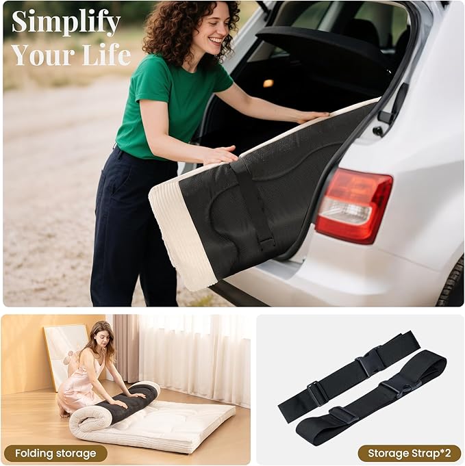 Japanese Floor Mattress, 4" Thicken Futon Mattress Full Size Sleeping Pad, Corduroy Foldable Floor Pad, Roll Up Tatami Mat for Adults Guest Room Bedroom, Beige