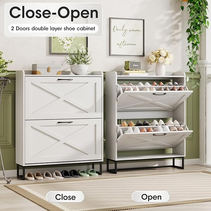 Maupvit Shoe Cabinet with 2 Flip Drawers, Freestanding Shoe Cabinet Organizer with Metal Legs, Shoes Storage Cabinet for Entryway, Narrow Shoe Rack Cabinet, White