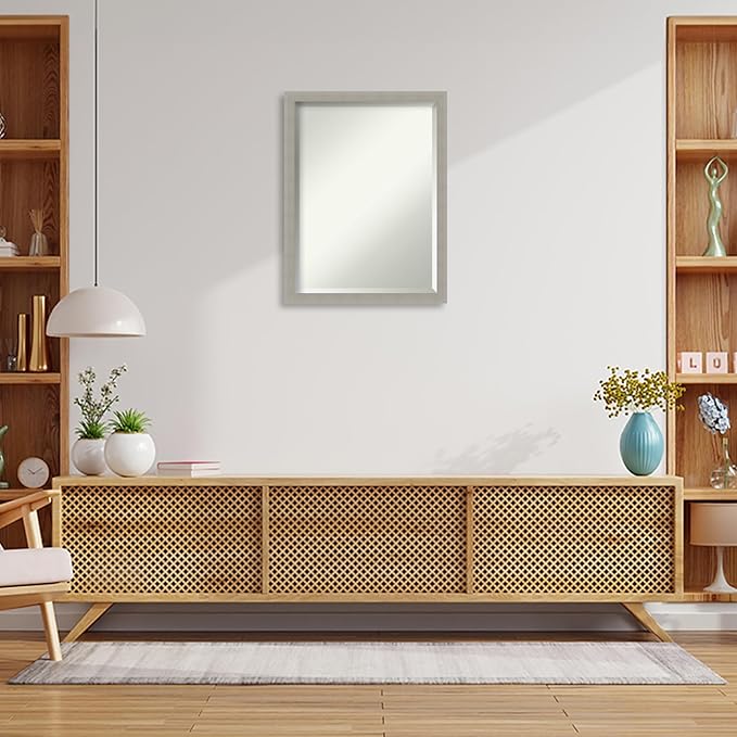 Amanti Art Grey Wall Mirror 26x20 Woodgrain Stripe Grey Rectangle Bathroom Mirror for Wall Decor Living Room, Medium Casual Wood Frame, Hangs Horizonally and Vertically, Bathroom Decor, Beveled Edge