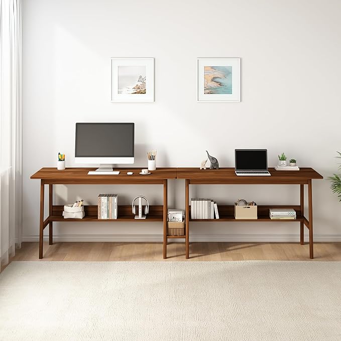 2-Person Writing Desk with Bookshelf - 79" Wooden Extra Long Home Office Work Table, Double Study Computer Workstation with Storage Shelves in Walnut, 79" W x 24" D