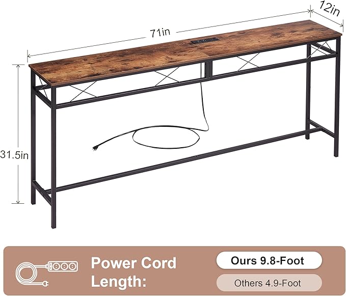 VECELO 71In Extra Long Narrow Sofa/Console Table with Charging Station & Power Outlet and USB Ports, for Entryway, Living Room, Office, Industrial, Rustic Brown