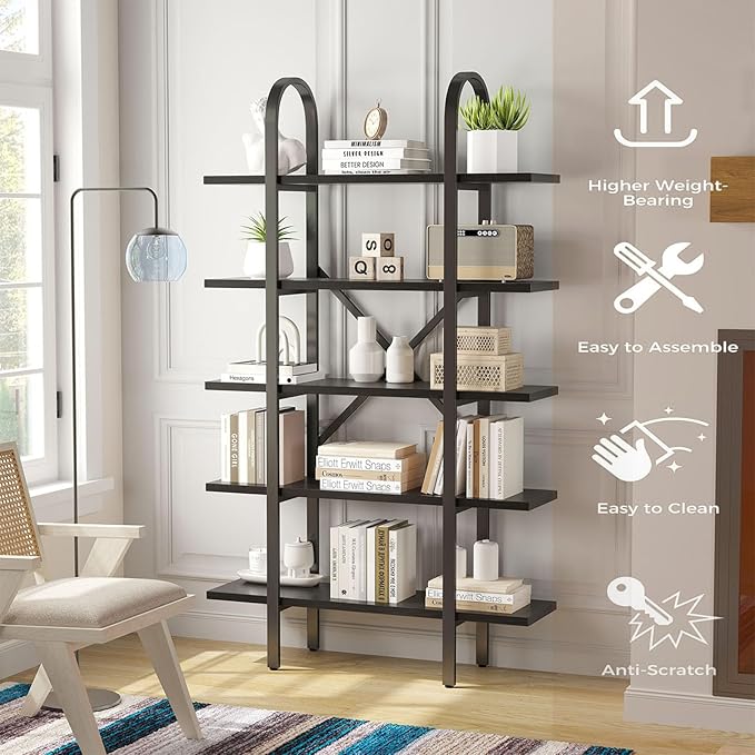 Wide Bookshelf Arched Bookcase, Industrial 5 Tier Open Book Shelves with Metal Frame, 72" Tall Freestanding Heavy Duty Display Rack for Home Office, Living Room,Black,Easy Assembly