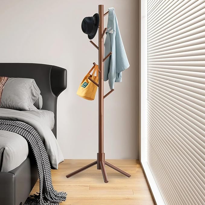 Wooden Coat Rack Stand, Freestanding Coat Rack with 8 Hooks, 3 Adjustable Size Coat Tree for Hats, Coats, Scarves bags, Coat Hanger Stand Used in Bedroom/Office/Entryway （Brown）