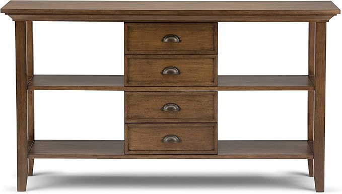 SIMPLIHOME Redmond Console Table - 54 Inch Wide Solid Wood Sofa Table in Rustic Natural Aged Brown, Transitional Storage Table for Entryway or Living Room with 4 Drawers and 4 Open Shelves