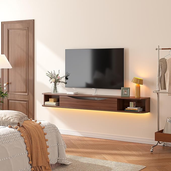 Floating TV Stand,78'' Wall Mounted TV Cabinet,Floating TV Console,Under TV Shelf with 1 Door and 2 Cabinets for TVs up to 78''(Walnut)