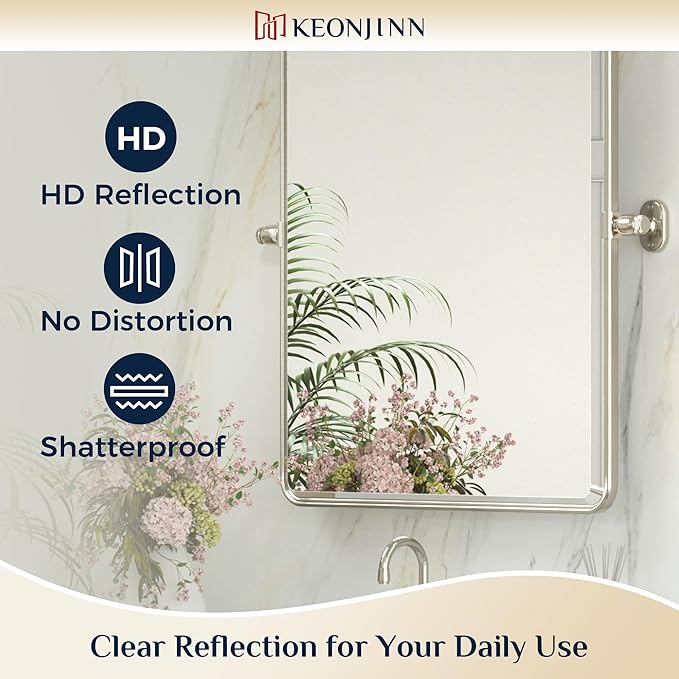Keonjinn 40 x 30 Inch Large Pivot Mirror, Brushed Nickel Pivot Mirror Bathroom, Beveled Tilt Mirrors Bathroom for Over Sink, Rounded Corner Farmhouse Tilting Mirrors Wall Mount (Horizontal/Vertical)