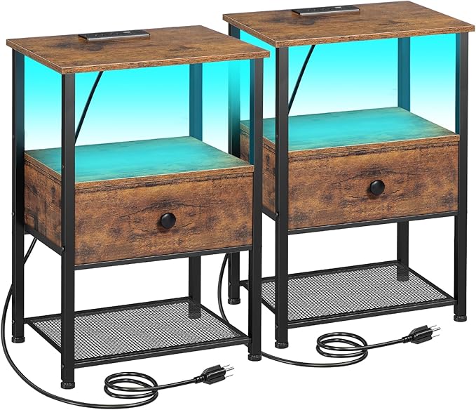 Night Stand Set 2, LED Nightstand with Charging Station, End Tables Living Room with Fabric Drawer for Small Spaces, Side Tables with Storage Shelf for Bedroom, Rustic Brown HETS01PQBR