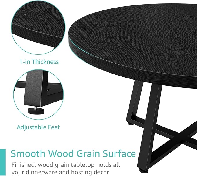 Black Round Dining Table for 6 - Modern Circle 51 Inch Large Room Kitchen Dinning Tables for 4 to 6 Person Seats Small Spaces Wood Dinner Mesa De Comedor Redonda