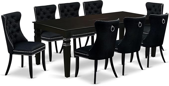 East West Furniture LGDA9-BLK-24 9 Piece Dining Table Set Includes a Rectangle Kitchen Table with Butterfly Leaf and 8 Polyester Fabric Upholstered Chairs, 42x84 Inch, Black