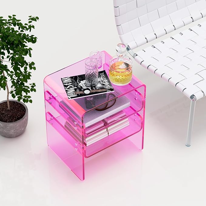Clear Acrylic 3-Tier End Table/Nightstand – Sleek Bedside Storage with Durable Design, Perfect for Bedrooms, Living Rooms, or Modern Interiors – Ideal as a Bedside Table or Sofa Side Piece (Pink)