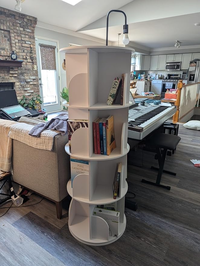 Rotating Bookshelf Tower, 360 Spinning Book Shelf for Kids Rooms, Small Corner Bookshelf for Kids, Round Revolving Bookcase Floor Standing Bookcase Book Storage Classroom Furniture, White, 4 Tier
