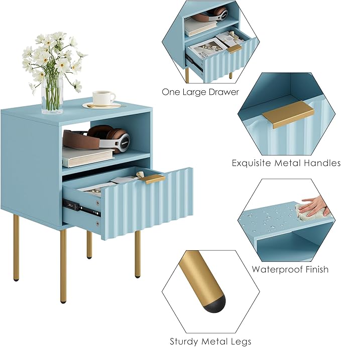 Nightstand,Modern Bedside Table with Gold Frame,Blue Night Stand,Bedside Furniture, Modern Side Table with Drawer and Shelf for Bedroom,Living Room (Blue)