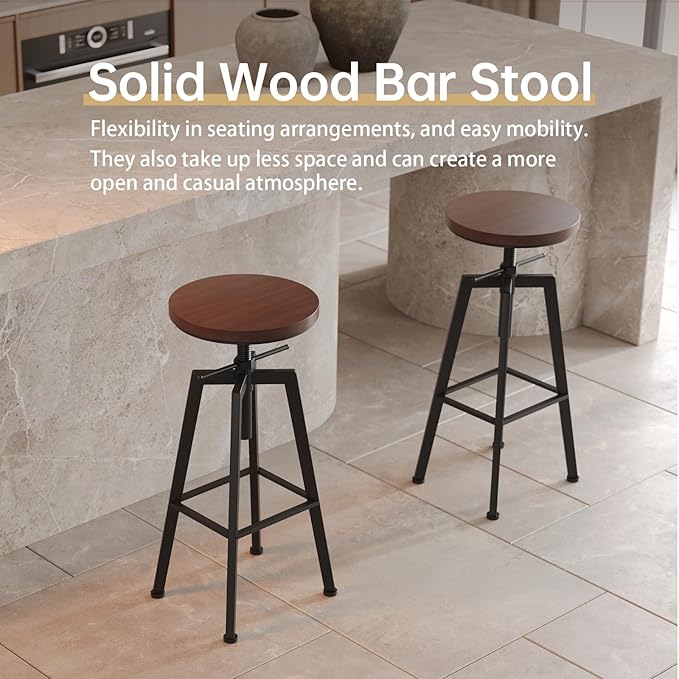 Vintage Adjustable Bar Stools Set of 2, Height Ranges from 24.8 to 30.8 inch, Natural Wood Seat and Heavy Metal Frame Rustic Industrial Swivel Bar Stools