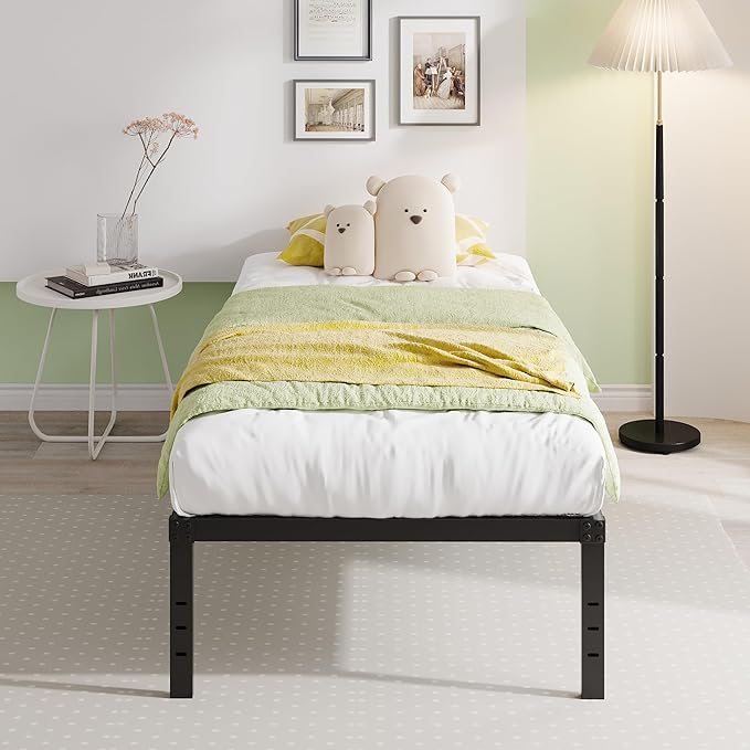 EMODA 16 Inch Heavy Duty Twin Bed Frame, Metal Platform Bed Frames No Box Spring Needed, Noise Free, Easy Assembly, Black