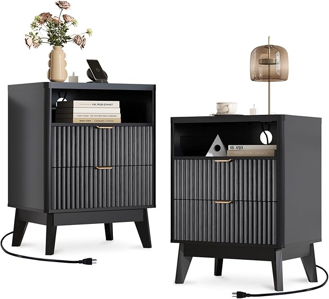 Fluted Nightstand Set of 2 with Charging Station, 19.7 inch Wide End Table with 2 Drawers, Modern Wood Bedside Table for Bedroom, Black