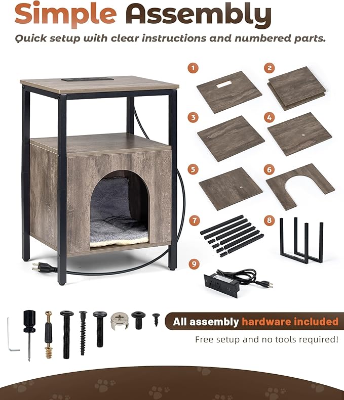 Cat End Table with Charging Station, Indoor Cat House Side Table with Bed, Cat Cave Hideaway Night Stand, Greige