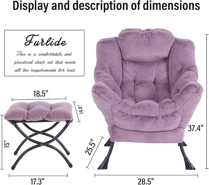Oversized Chair with Ottoman, Modern Chair with Folding Footrest, Lounge Accent Chair, Comfortable Reading Chair for Bedroom, Study, Living Room, Courtyard (Plush Purple)