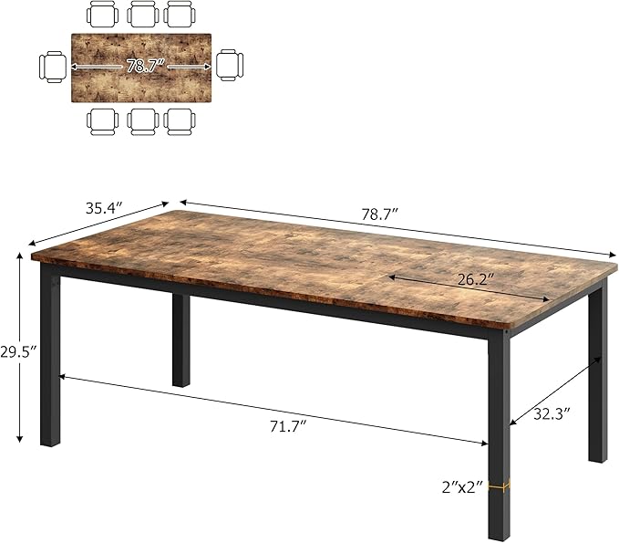 GarveeHome 70.8in Industrial Dining Table for 6, Wooden Long Dinner Table with Mortise Tenon Design, Kitchen Table with Sturdy Metal Legs, for Dining Room Home Office Living Room, Retro