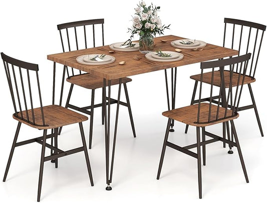 Tangkula Dining Table Set for 4, Kitchen Table and Chairs Set of 4 w/Metal Frame, 360° Swivel Feet, Space-Saving Dinette Table Set for Living Room, Restaurant, Breakfast Nook (Teak)