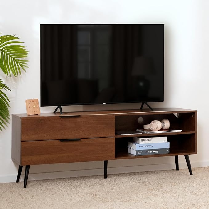 HollyHOME Wood TV Stand for TVs up to 65", Mid Century TV Stand with Storage, Modern Entertainment Center with 2 Drawers, Accent TV Media Console Table for Living Room, 53"(L), Retro Brown