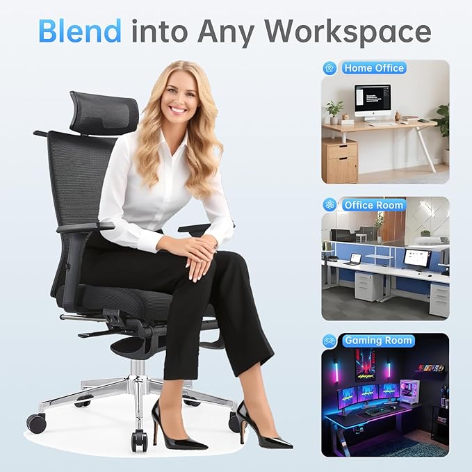 Ergonomic Office Chair, Adjustable Lumbar &Headrest, 3D Armrests, Silent Wheels, 145° Reclining Chair with Footrest, Large Steel Base, 350 LBS Swivel Desk Chair