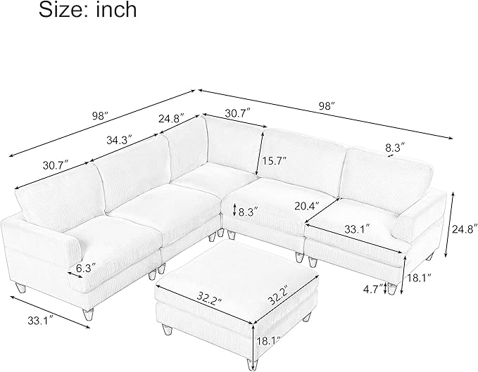 Eafurn Free Combination Symmetrical Modular Sectional Sofa with Movable Ottoman,Corduroy Upholstered Convertible Sleeper Couch,6 Seater Oversized Reversible Corner Sofa&Couch for Living Room Office