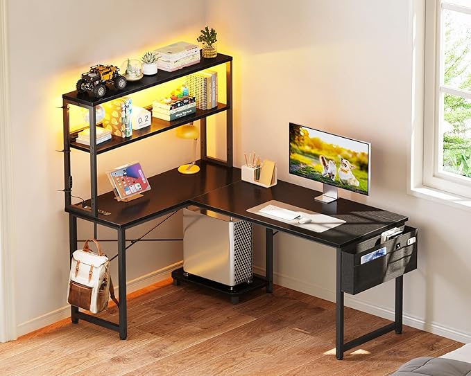 ODK 43 Inch L Shaped Desk with LED Lighting, Reversible Gaming Desk with Power Outlets, Cornor Computer Table with Storage Shelves & Bag & Iron Hook, Home Office Table for Writing, Study, Black