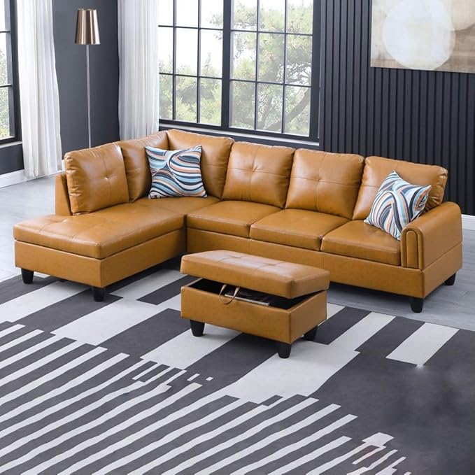Ginger L-Shaped 3-Piece Faux Leather Sofa with Storage Ottoman Set, Sectional Couch Sofa Set for Living Room, Office, Small Space