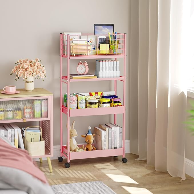 KINGRACK Slim Storage Cart, 4-Tier Metal Utility Rolling Cart with Wheels,Bathroom Organizer, Skinny Rolling Trolley, Mobile Shelving Unit for Office, Laundry Room, Narrow Place,Pink