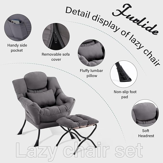 Lazy Chair with Ottoman, Comfy Fabric Accent Lounge Arm Chair with Lumbar Pillow and Folding Footrest, Reading Leisure Sofa Armchair for Bedroom, Living Room, Dorm,Dark Grey