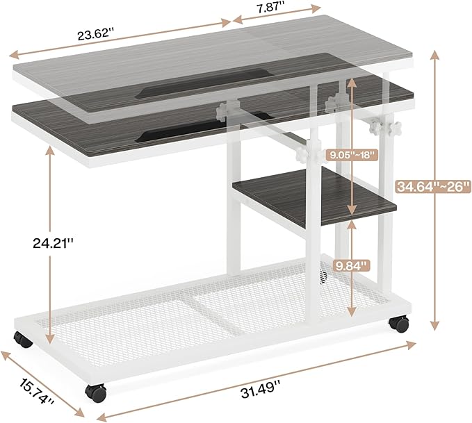 Tribesigns Height Adjustable C Table with Wheels, Mobile Couch Snack Side Table with Tiltable Drawing Board, Sofa Bedside Laptop Stand C Shaped TV Tray with Storage Shelves (Grey+White)
