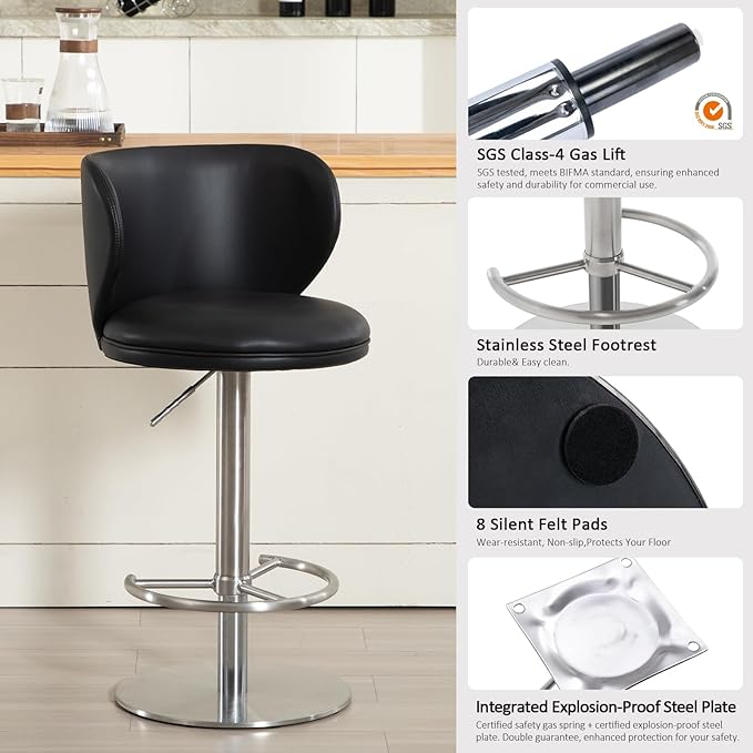 RAINMOOD Bar Stools,Adjustable Stainless Steel Swivel Barstools,Faux Leather Upholstered Bar Chair with Back and Footrest, for Bar, Kitchen Counter, Dining Room