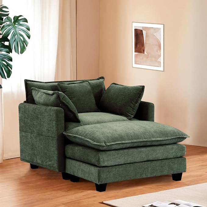 Furniliving Oversized Accent Chair with Ottoman, Luxury Chenille Single Sofa, Upholstered Deep Seat Chaise Lounge with Pillows for Living Room, Bedroom, Apartment, Green