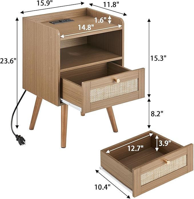 Night stand Set of 2, Bedside Tables with Charging Station, Rattan End Tables, Bed Side Tables, Wood Nightstands set of 2 for Farmhouse Kids' Room Bedroom Living Room Dorm Sofa Office Corner(Brown)